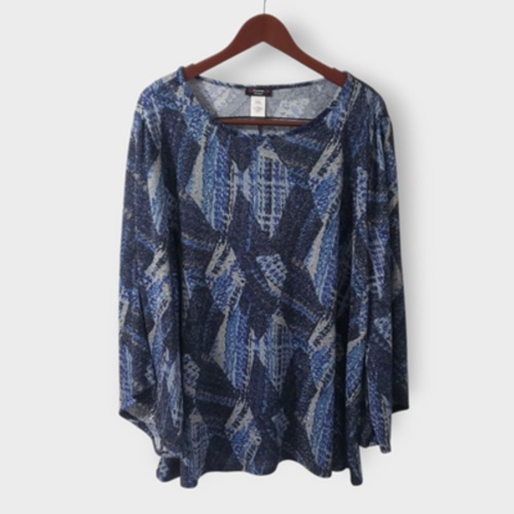 Cocomo Woman 3X Blue Shimmer Abstract Geo Print Flare Sleeve Stretch Blouse Top
